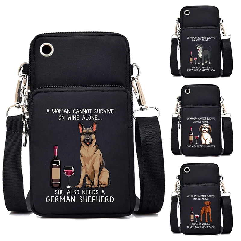 

German Shepherd and Wine New Mobile Phone Bag Women's Messenger Bag Hanging Neck Coin Purse Vertical Handbag Small Crossbody Bag