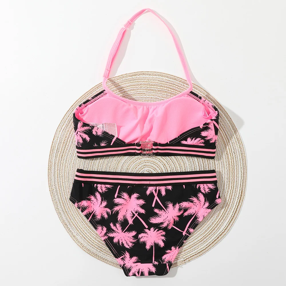 Girl Palm Tree Print Bikini Swimsuit Kids Tape Trim Two Piece Children's Swimwear Teen Halter Top Bathing Suit Beachwear Biquini