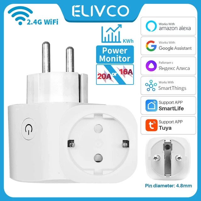 1 White EU Smart Plug WiFi Outlet EU Plug Power Outlet 16A20A AC100-240V  Power Metering Function Voice Phone Remote Control Switch Smart Home Living  On-the-go Works with Alexa GoogleHome