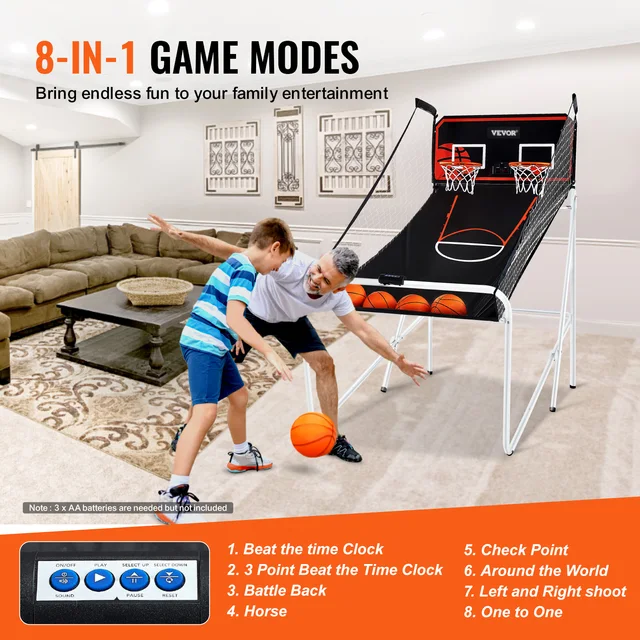 SucceBuy Foldable Basketball Arcade Game 2 Player Indoor Basketball Game Home Dual Shot Sport 4 Balls 8 Game Modes for Kid Adult