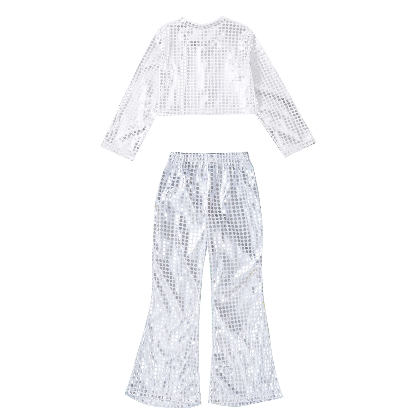 Kids Girls Jazz Hip Hop Dance Costume Shiny Long Sleeve Crop Top with Bell-bottoms Pants Disco Party Stage Performance Dancewear