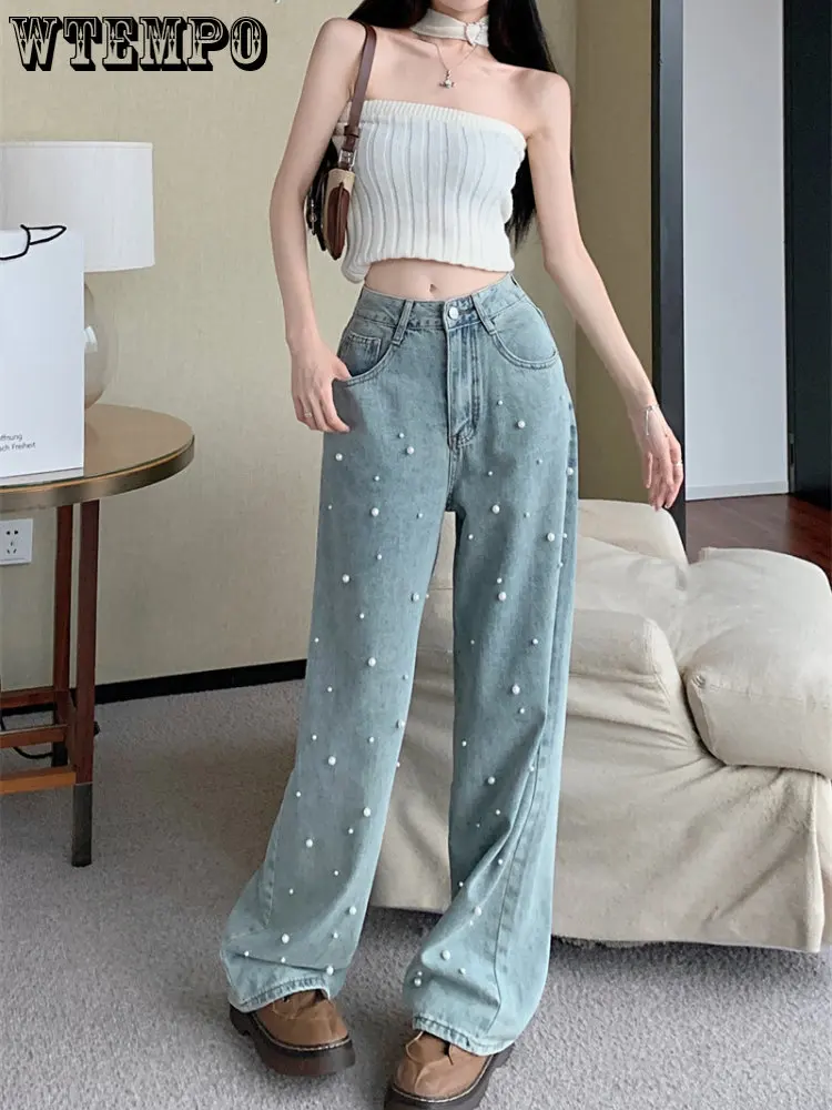 

Spring and Summer New Design Sense Pearl Slimming Loose Casual Baggy Jeans Straight-Leg Pants Women's Long Trousers Fashion Y2k