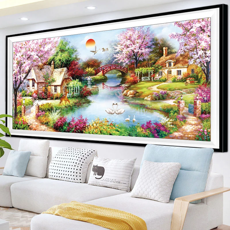 Cross Stitch Kit Printed Canvas DIY Cross Stitch Complete Kits Scenic Garden Bungalow ​11CT Cotton Thread Embroidery Kit Needlework Cross-Stitch