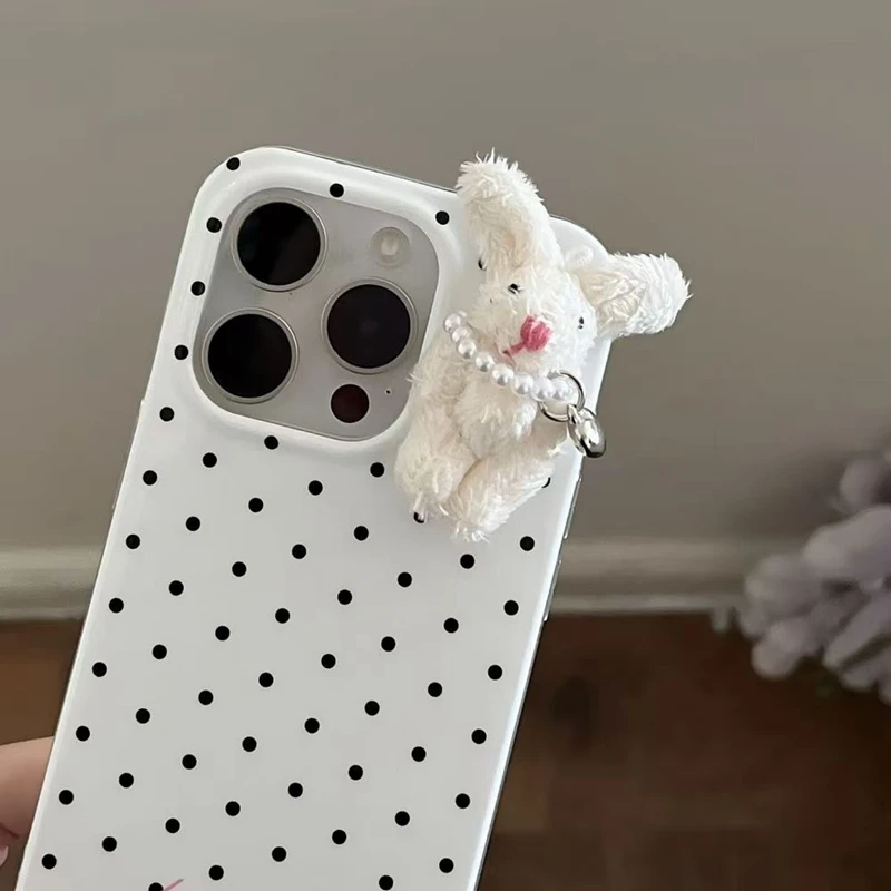 3D Plush Rabbit Polka Dot Phone Case with Plastic Detail