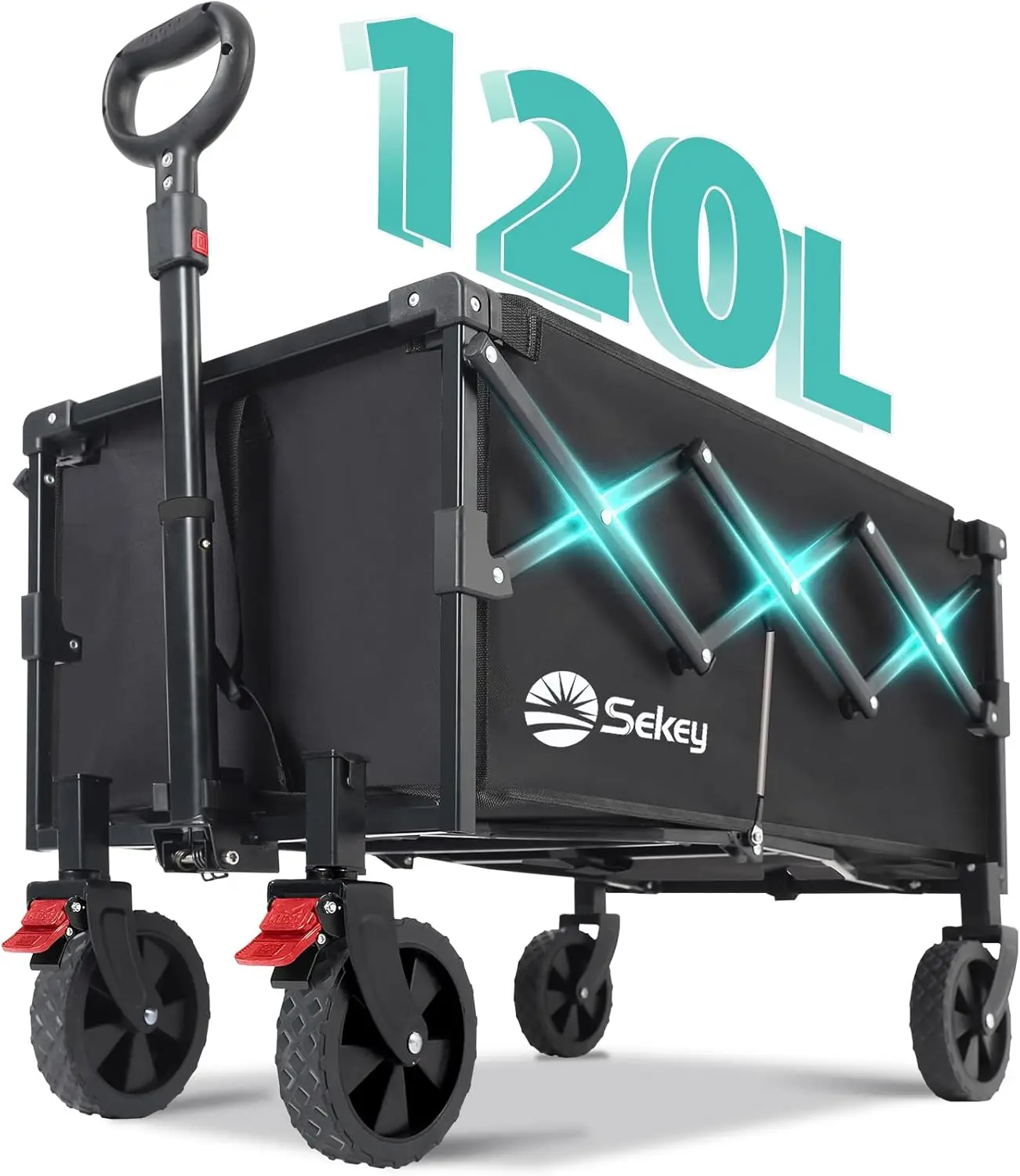 Folding Wagon with Brakes Collapsible Lightweight Wagon Foldable Folding Cart 220LBS Utility Heavy Duty Beach Garden Cart