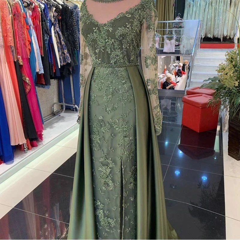 

Luxurious Olive Green Evening Dresses Lace Long Sleeves Side Split Wedding Party Gowns Stain Train Invitada Boda 2023 Vestido De