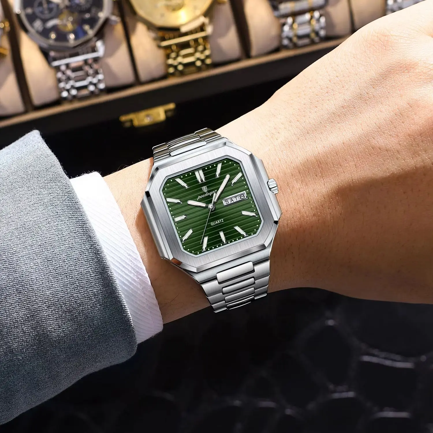Original Square Man Watch Waterproof Luminous Date Week Fashion Men Clock Stainless Steel Business Men's Quartz Watches_voghion.com