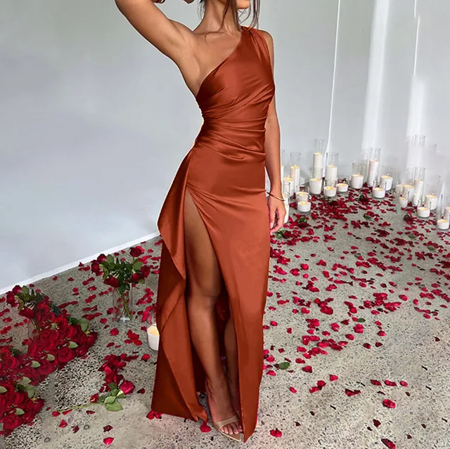 Women'S Sexy One Shoulder Satin Dresses High Split Cocktail Wedding Party Maxi Dress Womens Elegant Sequins Wedding Dress 1