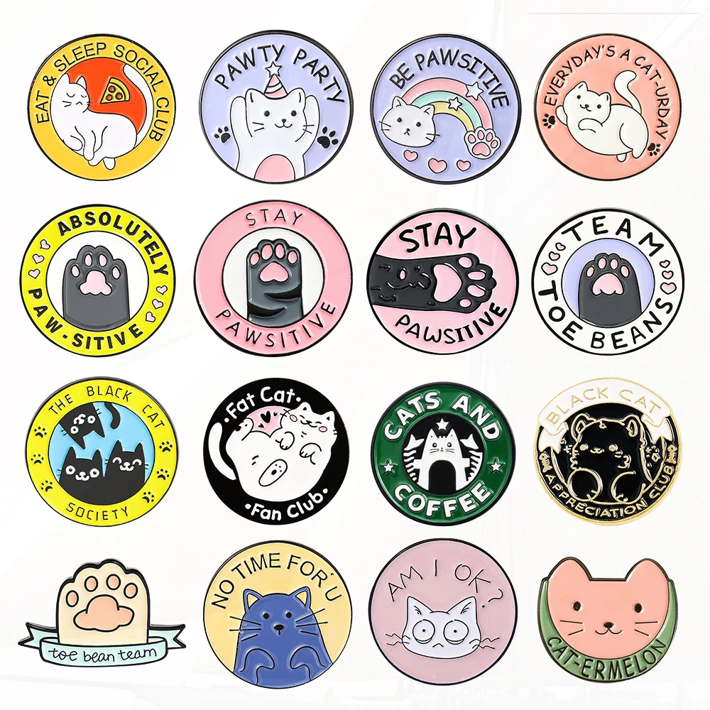 Round Oil Alloy Clothing Accessories Backpack Pin Badge Lapel Pins Cartoon Cat Paw  Pin Kitten Coffee Star Cat Alphabet