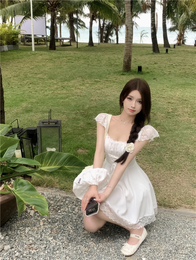 Y2K Lace Princess Party Dress Sexy Spaghetti Strap Square Collar Ruffles A-line Short Dresses for Women Prom Summer Mini Vestido