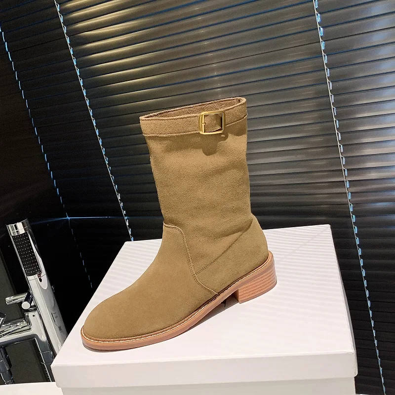 

Modern Woman Ankle Boots Round Toe Cow Suede Cowgirls Western Boots With Buckle Spring Autumn Ladies Winter Shoes Slip On