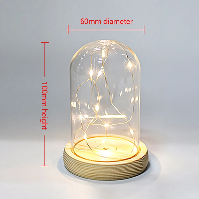 Glass Display Dome Wooden Base LED Light Landscape Vase Dry Flower Cloche Cover DIY Succulent Plants Container