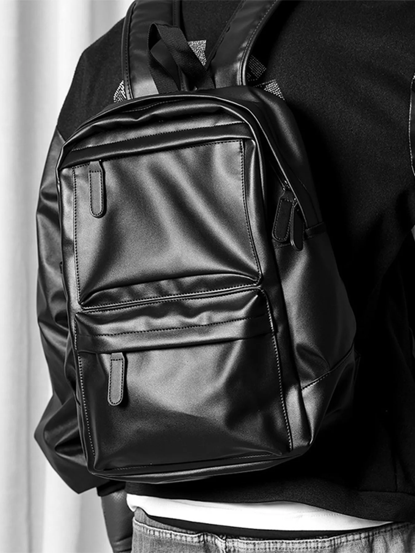 Men's Fashion Backpack PU Leather Waterproof Casual Travel Bag for 14-Inch Laptop S1fb21c9a7b1f4b68b3ace3596ea856b5O