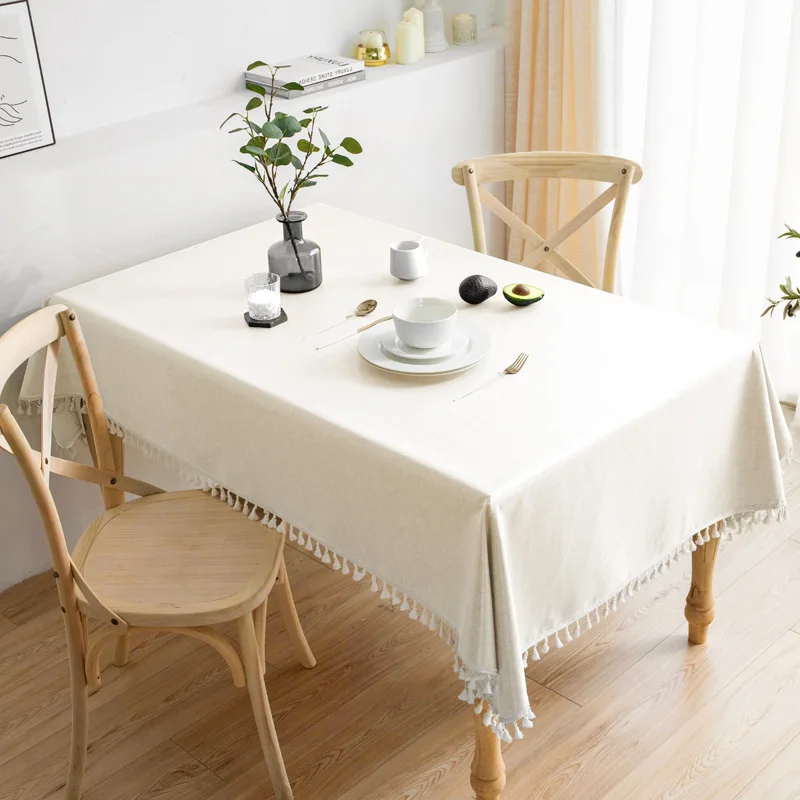 

Light Luxury Cotton and Linen Tassel Tablecloth, Waterproof, Dustproof, Cream Style Simple Solid Color Tea Tablecloth