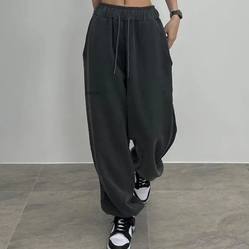 women's fashion 2022 Women's Pants High Street Retro Grey Wide Leg Women's Sportswear High Waisted Trousers Y2k Oversized Pants yoga pants