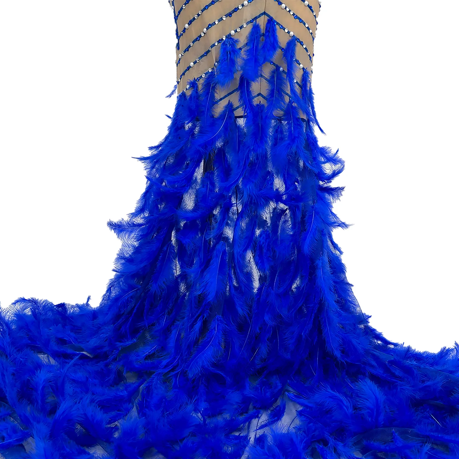 Women Blue Celebrate Evening Formal Feather Dress Drag Queen Pcs