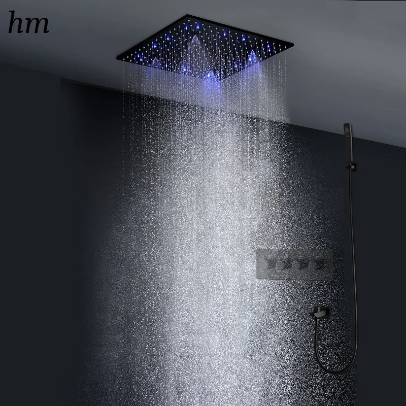 

hm Ceiling LED Shower Set 20Inches Massage Mist Rain Showerhead Panel Thermostatic Mixer Valve Bath Black Faucets System