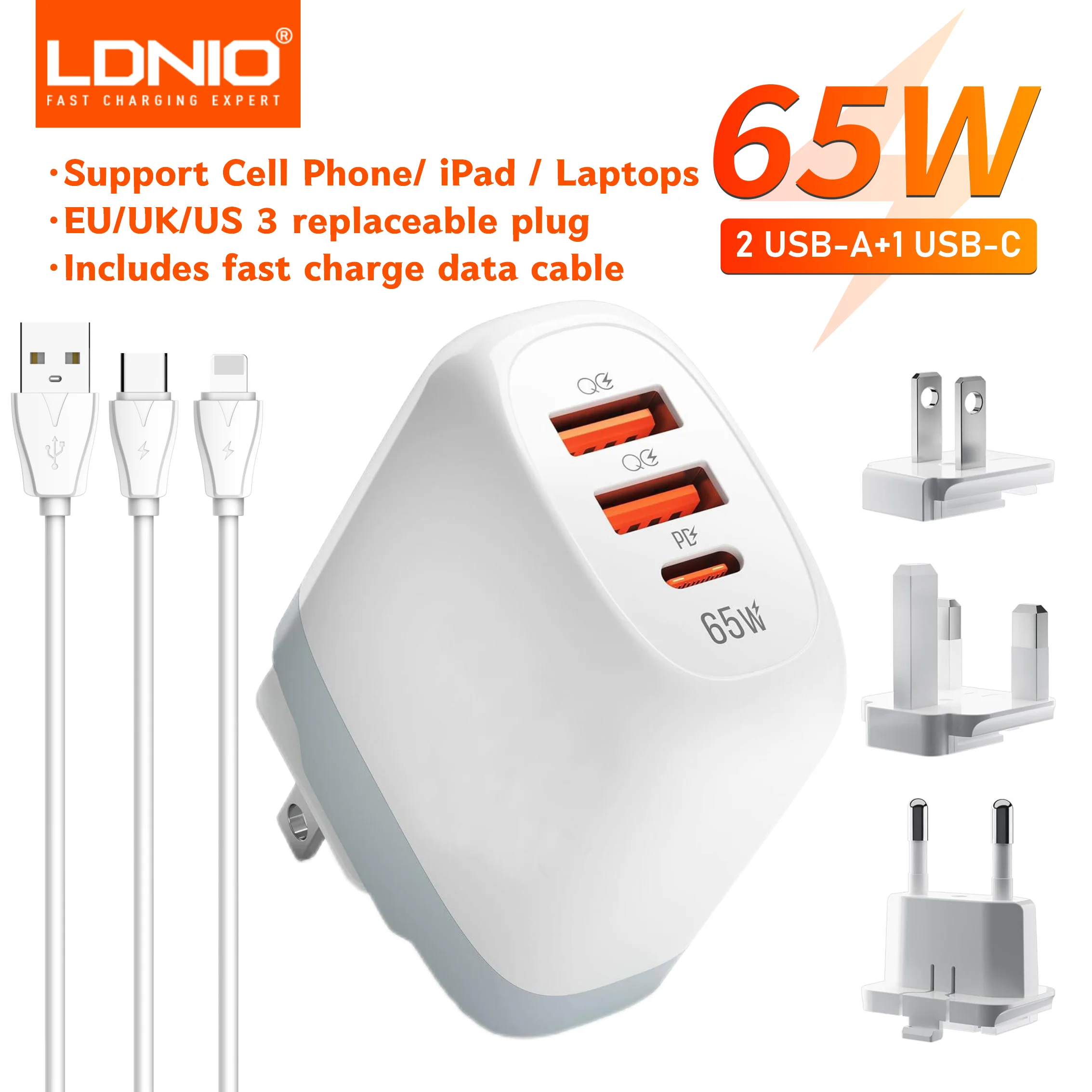 

LDNIO 65W GaN USB C Charger 3-Port, Compact Fast Charger PD QC3.0, Removable Wall Charger Power Adapter for MacBook iPad iPhone