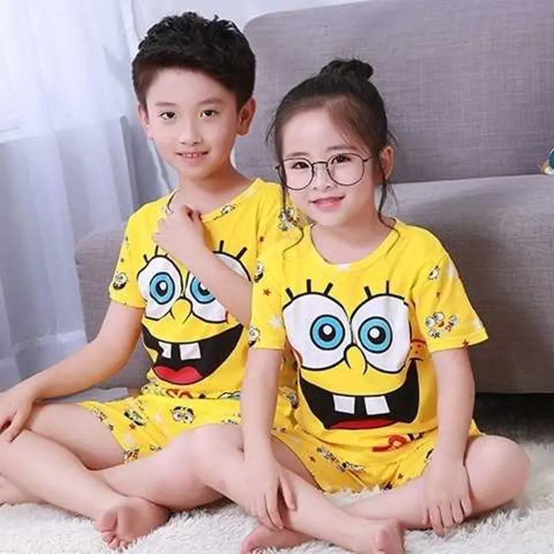 Cartoon Summer Short Sleeve Tops SpongeBob Cartoon Sets Boys Children Clothing Anime Summer  Cute Suit Sleepwear 2