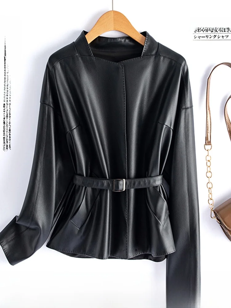 Haining Genuine Leather Jacket Women's Short Style 2025 Spring Autumn Fashion Belted Waist Sheepskin Small Outerwear