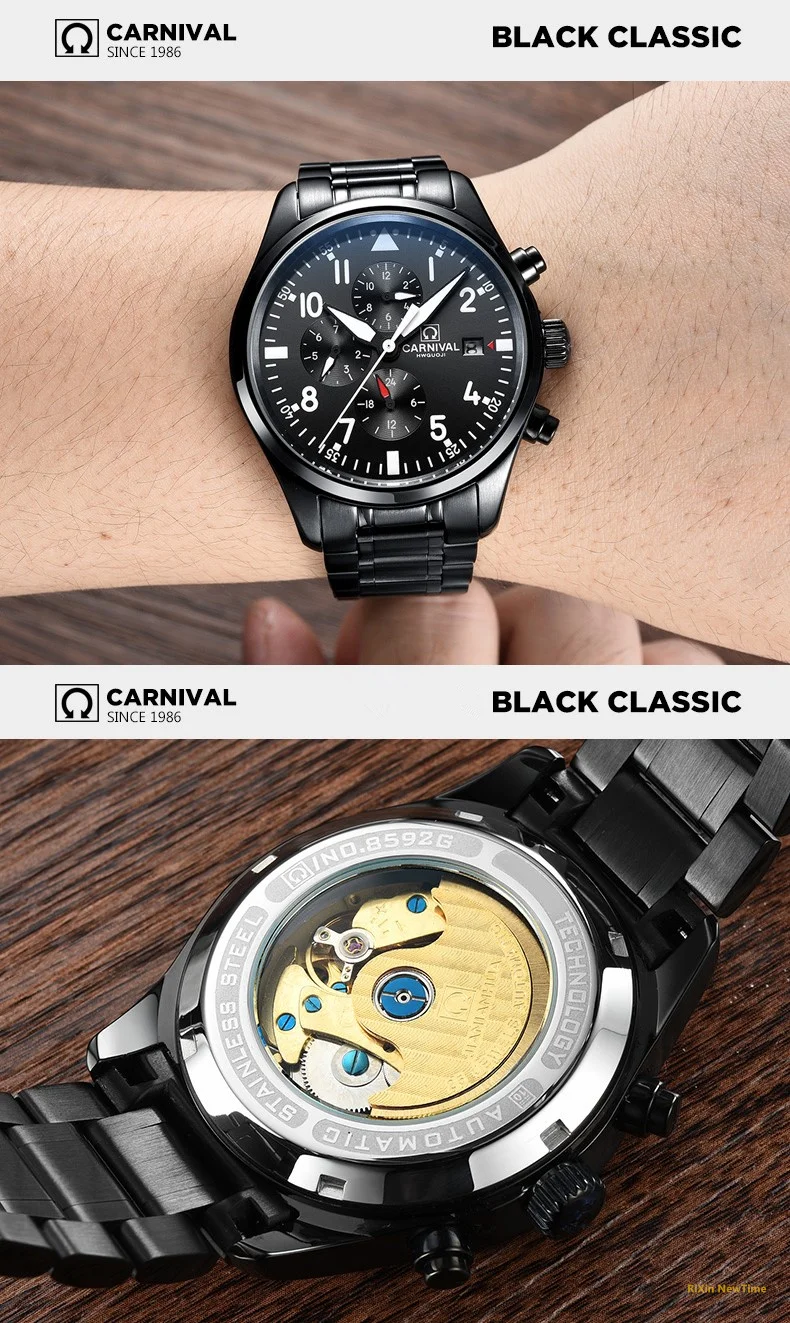 2022 Luxury Brand CARNIVAL Automatic Watch for Men Sapphire Calendar Luminous Stainless Steel Army waterproof Dive Men's Watches