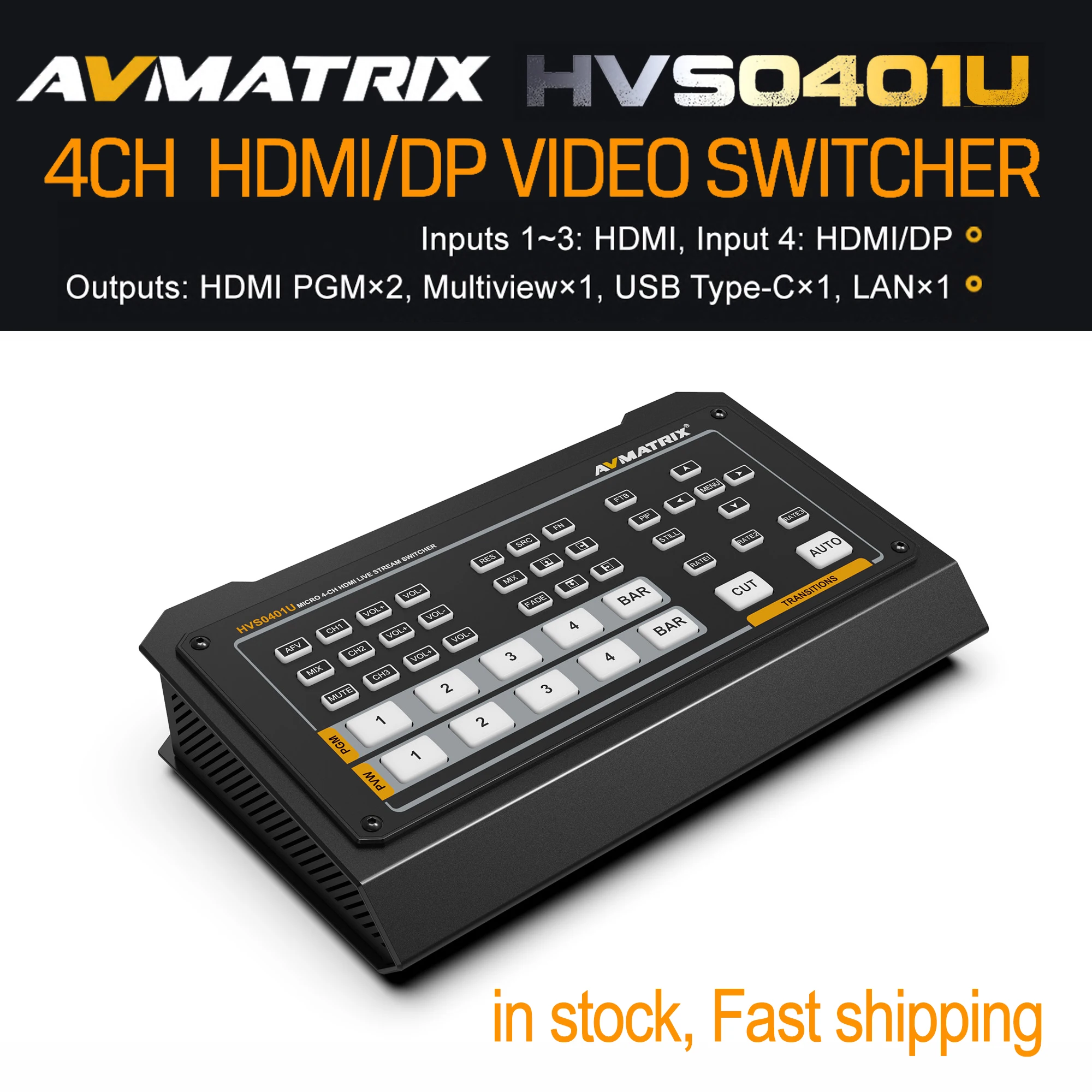 Avmatrix HVS0401U Live Streaming Video Switcher 4 Channel HDMI/DP Input Multi Format Studio Preview Camera Youtube OBS VMix