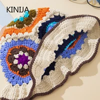 Winter New Hand Crocheting Flower Bucket Hat for Women Korean Fashion Ins Multicolour Retro Beanies Girls Wool Knitted Skull Cap 6