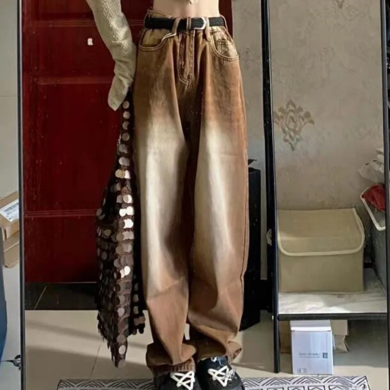 Ladies Retro Brown Straight Jeans 2022 Spring New Loose Korean Version Slim Casual Gradient Wide Leg Mopping Trousers Women
