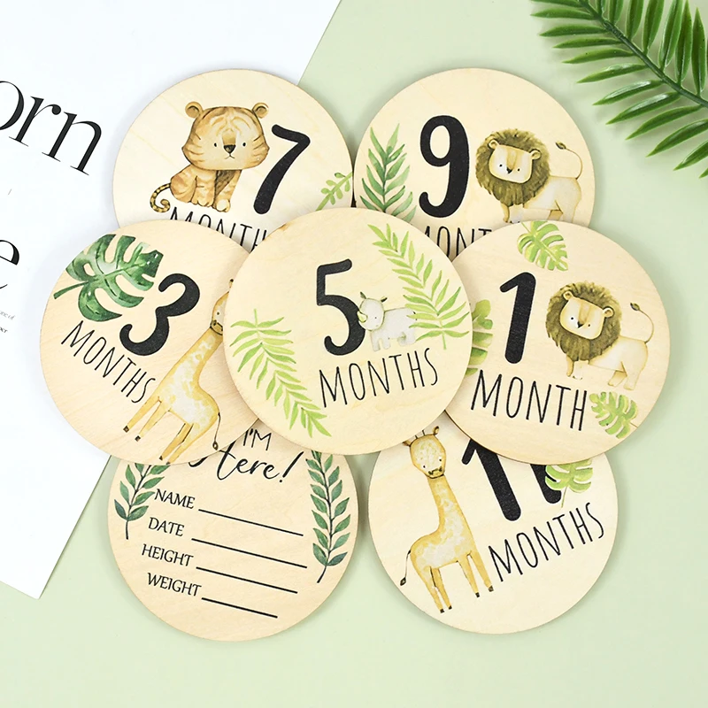 

7pcs Double Sided Baby Milestone Number Monthly Wooden Sign Jungle Animal Newborn Baby Photography Accessories 1st Birthday Gift