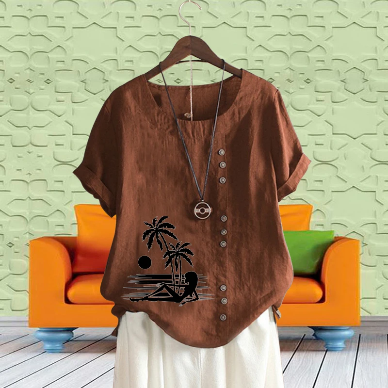 

Retro Summer Ladies Casual Tree Girl Printed Loose Shirt Breathable Cotton Linen Round Neck Plus Size Short Sleeve Shirt XS-5XL