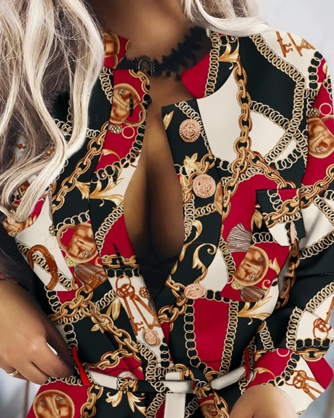 Women's Short Jumpsuit 2023 Autumn Women Pattern Printed Ladies Office Playsuit Chain Baroque Scarf Print Pocket Design Romper