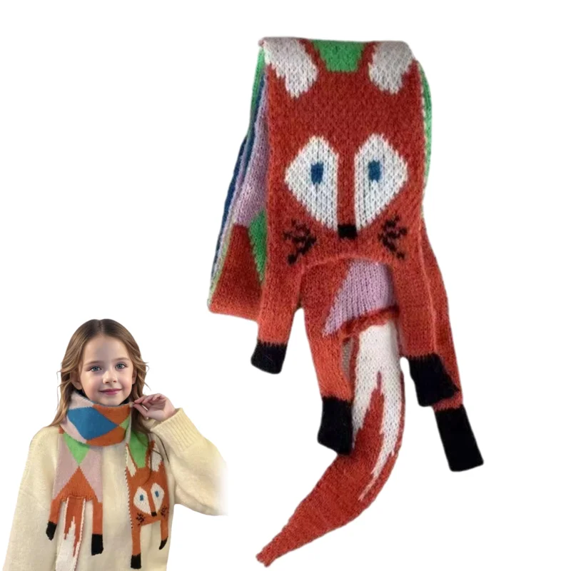 

Вязаный зимний детский шарф с мультяшной лисой, шарфы для маленьких девочек и мальчиков, унисекс, теплая Женская шаль, мужской шарф-хомут