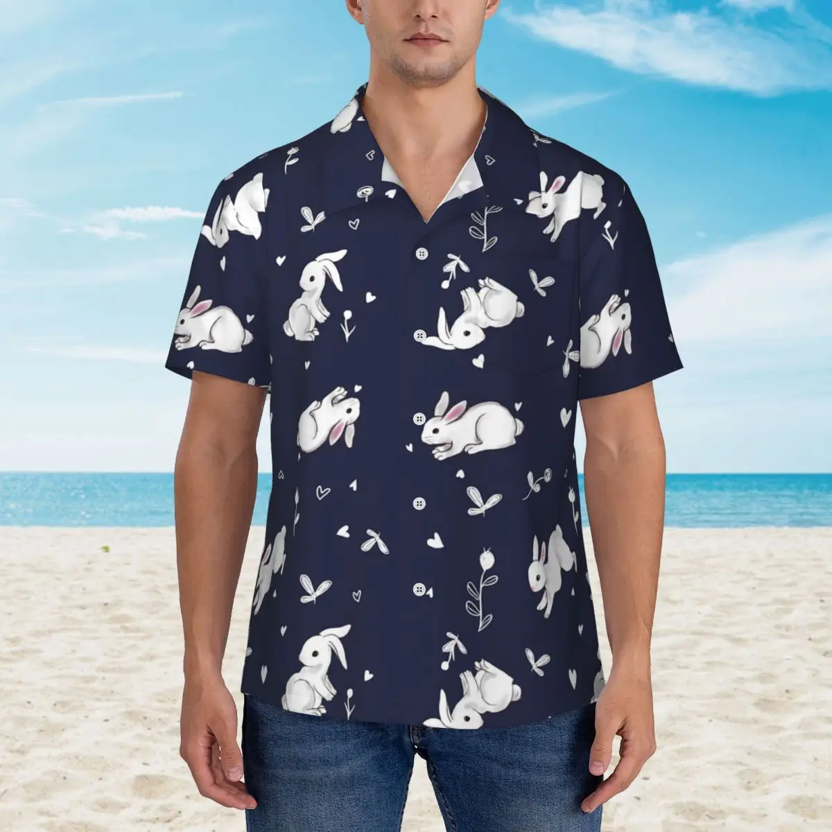 

Hawaiian Shirt Beach White Rabbit Print Blouses Kawaii Bunny Vintage Casual Shirts Male Short Sleeves Harajuku Tops