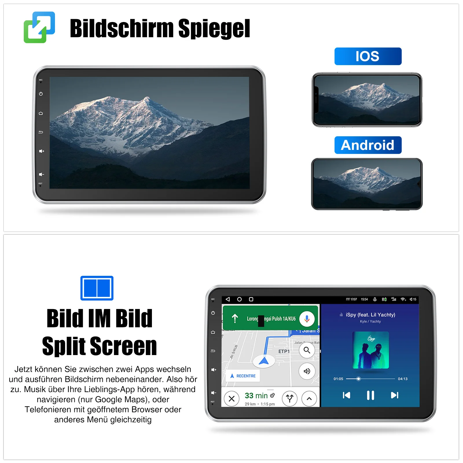 ESSGOO Android 15 64G 10.1" 360 ° Autoradio Universal con Pantalla Táctil 1 DIN, CarPlay Inalámbrico, Android Auto, GPS, Navegador, RDS, WiFi, FM, SWC, BT 6