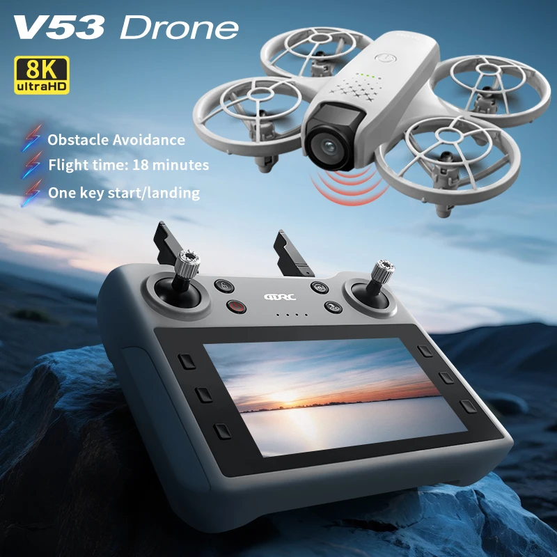 Drone professionnel 8K avec écran déplié en vol, caméra Ultra HD orientée vers le bas, paysage urbain en arrière-plan.