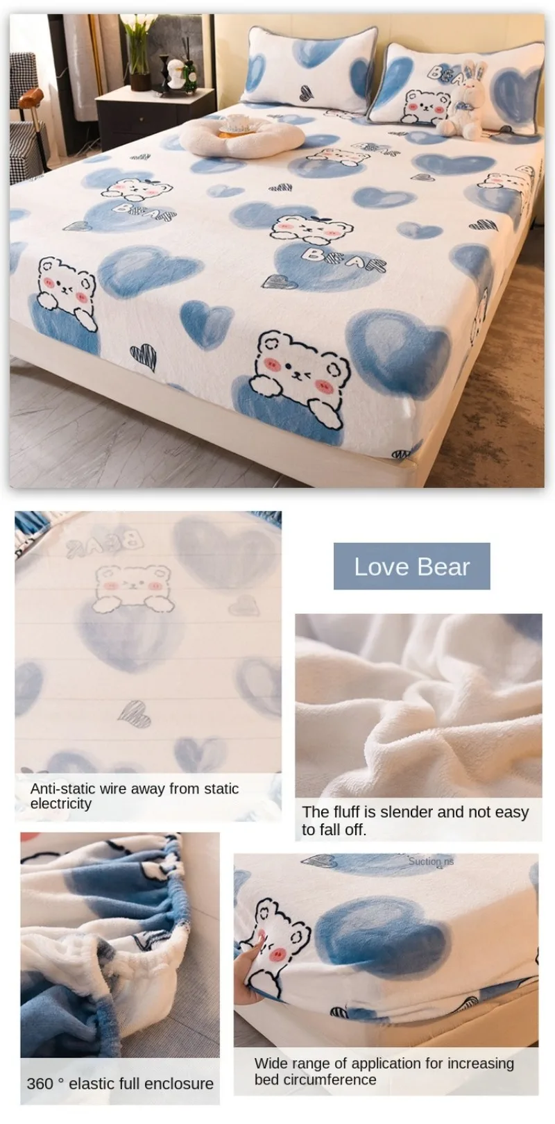 Description Picture 2 of itemQueen Double Size Bed Sheet Polyester Elastic Fitted Sheet Velvet Soft Flannel Warm Mattress Cover King Full Twin Size Winter