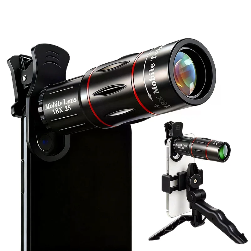 Monocolo Universale 18x25 con Zoom HD, Lente Ottica per Osservazione e Rilevamento, Teleobiettivo 18X con Treppiede per Smartphone, 1 Set