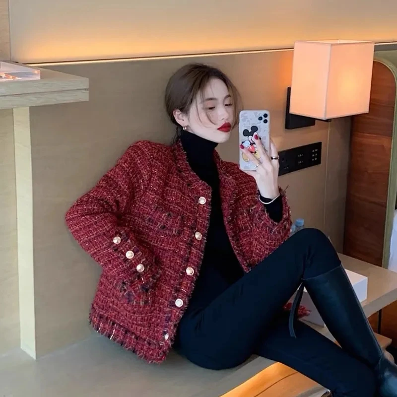 vVintage 2023 Autumn High end Temperament Red Fragrant Coat Women's Short Thick Tweed Fashion Women Slim Thicken Short Jacket