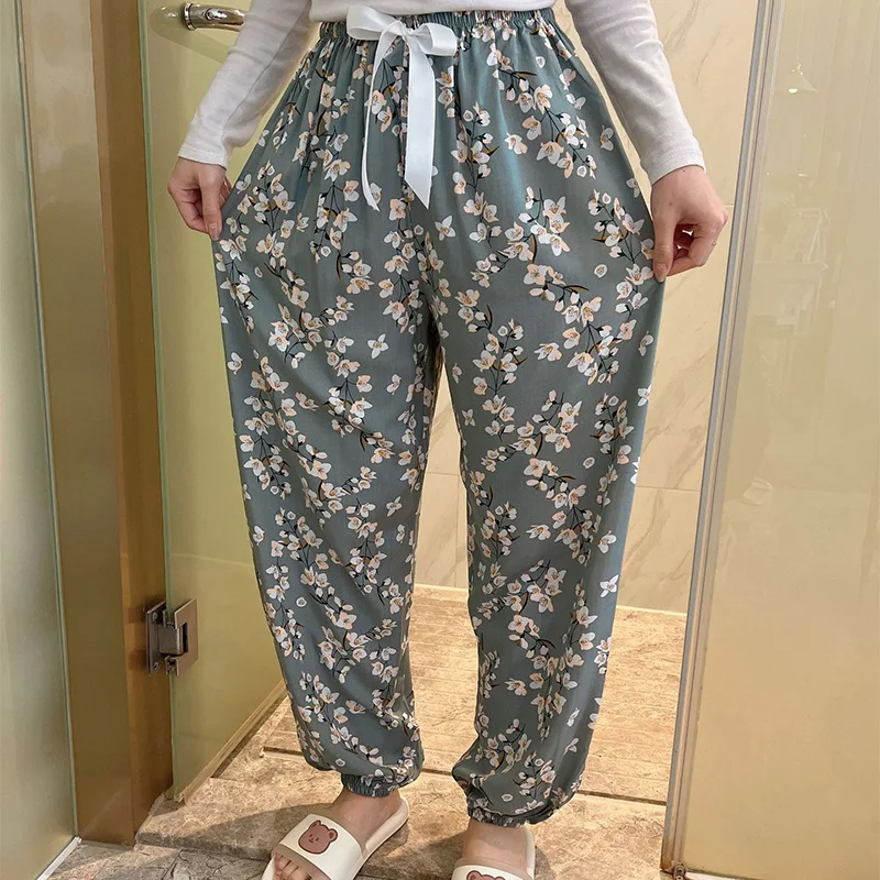 

Summer New Viscose Floral Printing Long Trousers For Women Homewear Thin Section Loose Pajama Female Night Pants Lounge Wear