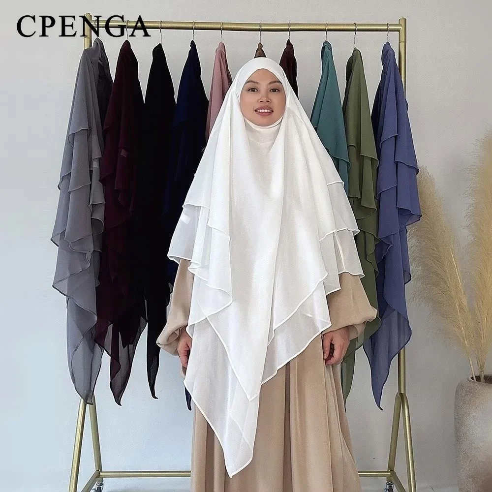 

2023 New Plain Hijab Muslim Women Modest Khimar Summer Chiffon Solid 3-layer Turban Femme Dubai Turkey Hijabs Eid Islam Clothing