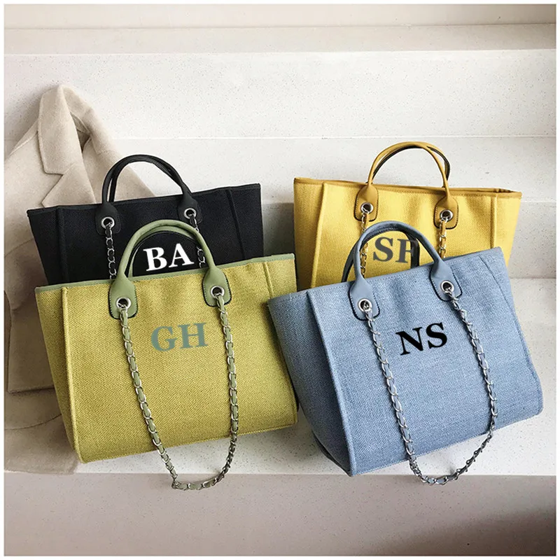 Personalised Chain Monogram Canvas Tote Bag Shoulder Bag Ladies