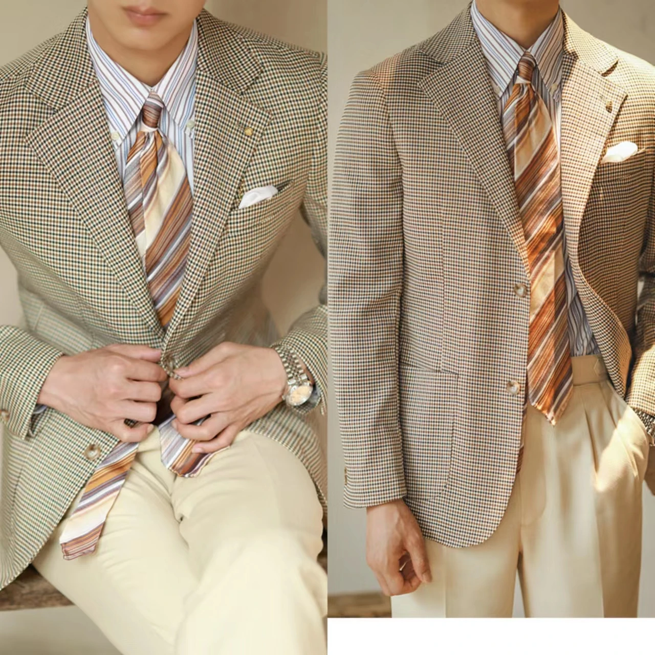 Leisure Plaid Men&lsquo;s Suit Notch Lapel Groom Wear For Wedding Slim Fit Tuxedos 2 Pieces Jacket Pants Business Made