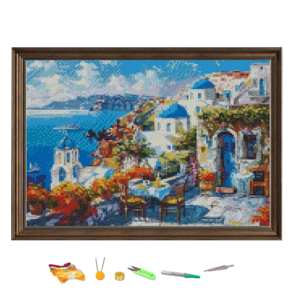Cross Stitch Embroidery Kit Mediterranean Style Landscape Thread Drawing DIY Needlework Kit Quantity Printed on Canvas 11CT