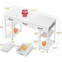 Small Computer Desk: Home Table with Fabric Drawers & Storage Shelves, Modern Writing Desk, White, 48"x16", Computers Desks 2