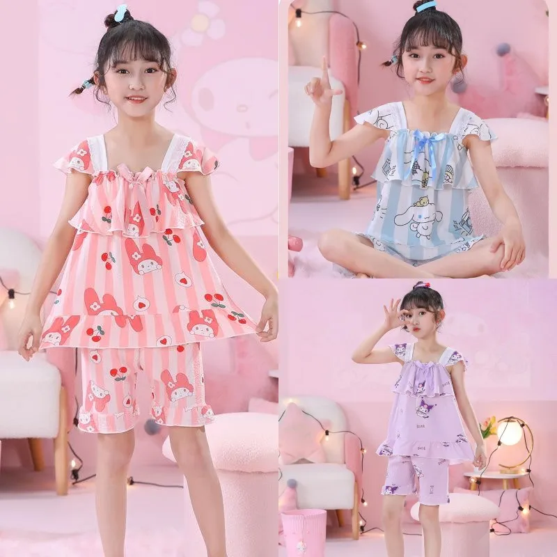 

Sanrios My Melody Cinnamoroll Kuromi Anime Kawaii Kids Princess Pajamas Suit Summer Girls Baby Short Sleeves Pijamas Loungewear