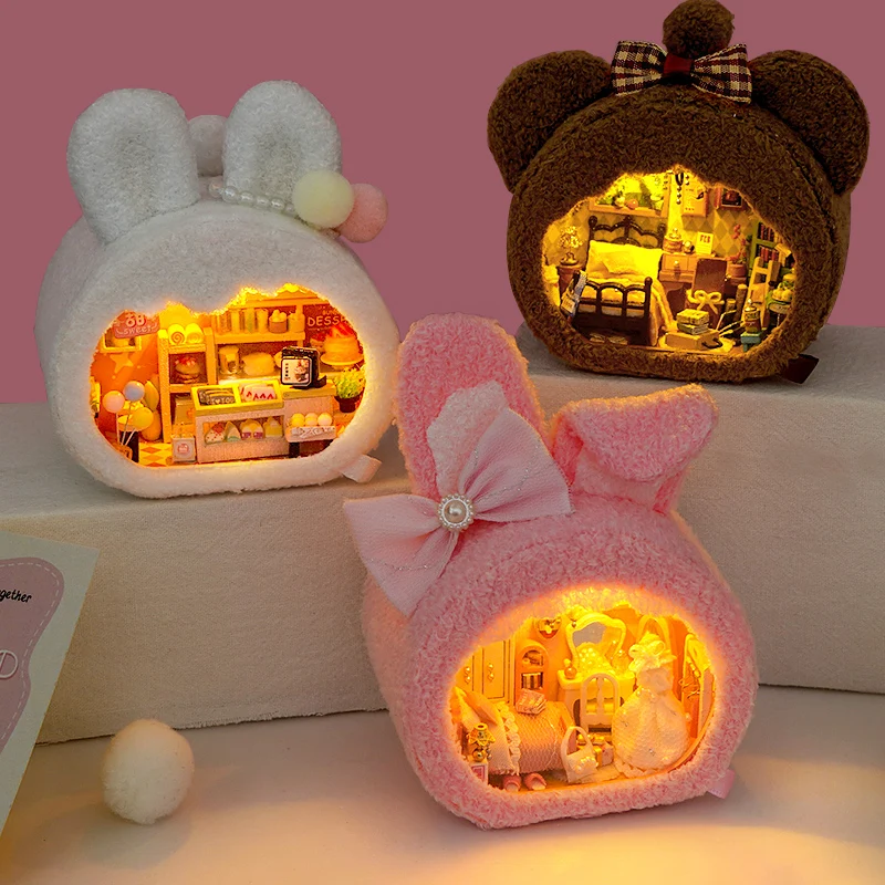 

Новый деревянный миниатюрный строительный Комплект «сделай сам», кукольные домики с мебелью, брикет медведя, розовый кролик, домик для кукол для девочек, рождественские подарки