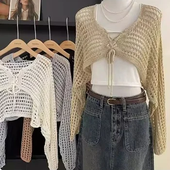 Crochet Crop Tie Front Cardigan Women Long Sleeve Sheer OpenKnit Bolero Shrug Top Summer Beach Bikini Cover Up Y2K Outfit 1