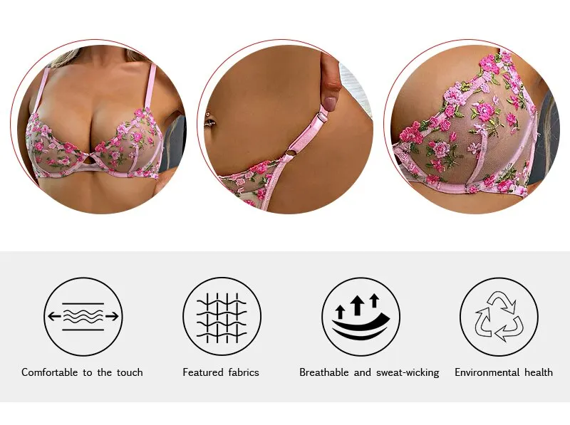 Ensemble sous-vêtements, 2 pièces soutien-gorge et culotte en dentelle femmes broderie florale rose transparent