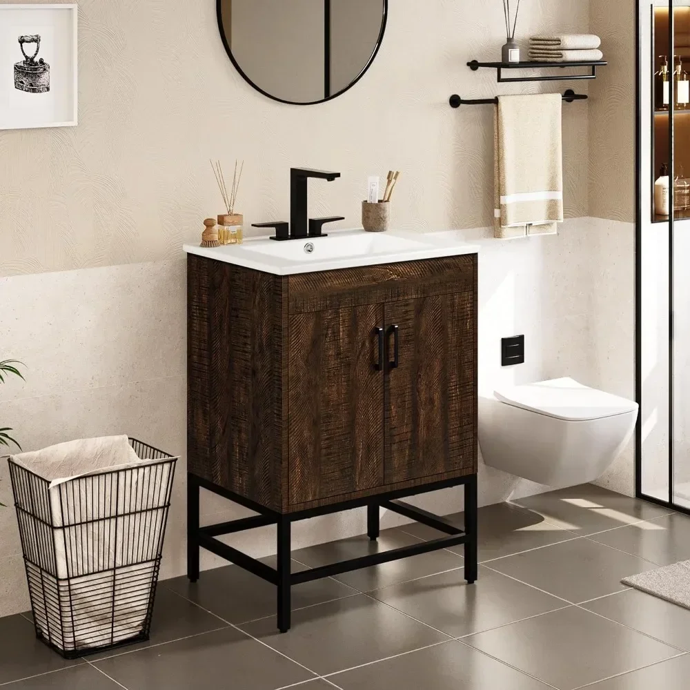 Bathroom Vanity with Sink, Vintage Bathroom Sink Cabinet with 2 Doors, Sink Combo Set for Bathroom, Dark Brown
