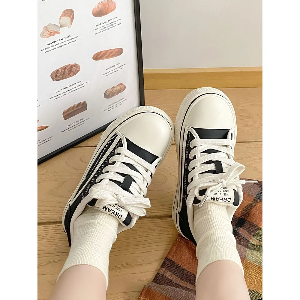 Thick Soled Leather Women Canvas Shoes 2024 New Spring Women Casual Board Shoes Instagram Trend Top Women's Shoes 24-173